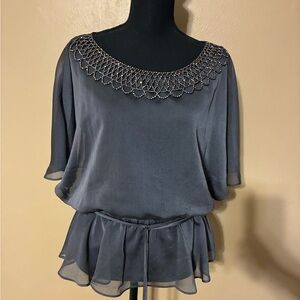 dressbarn Charcoal Blouse with Beaded Neckline